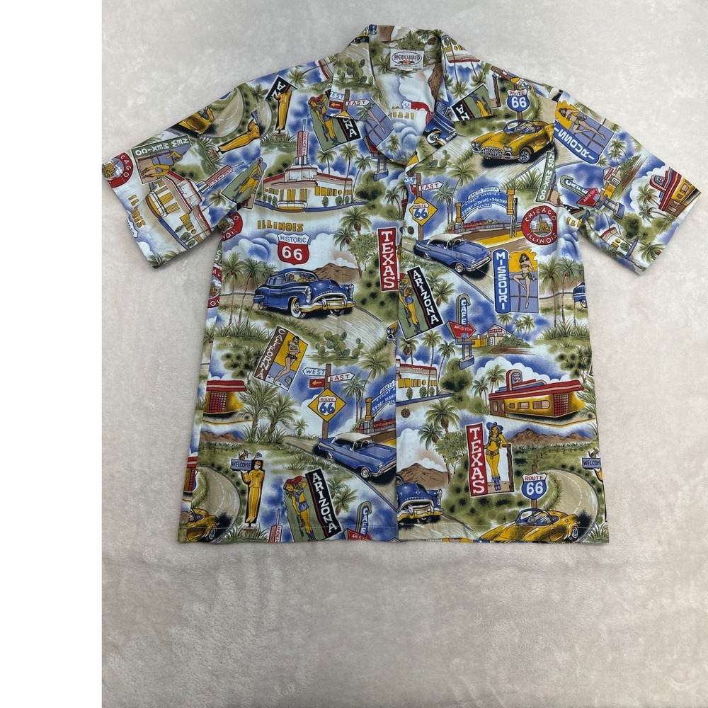 Pacific Legend Button Down Men L Route 66 Vtg Car Hawaiian Shirt Travel Retro